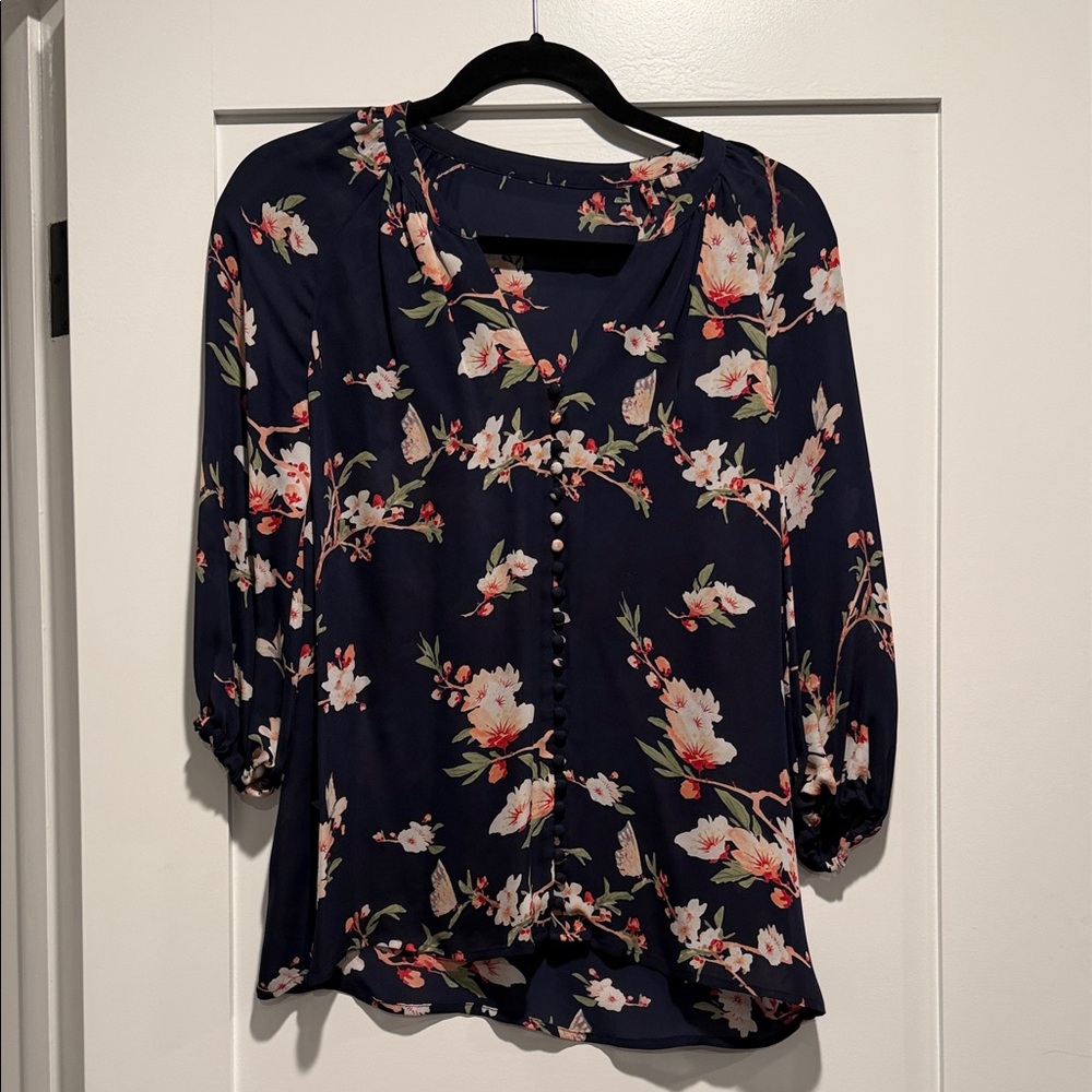 Joie Navy Floral Blouse with Button Accents